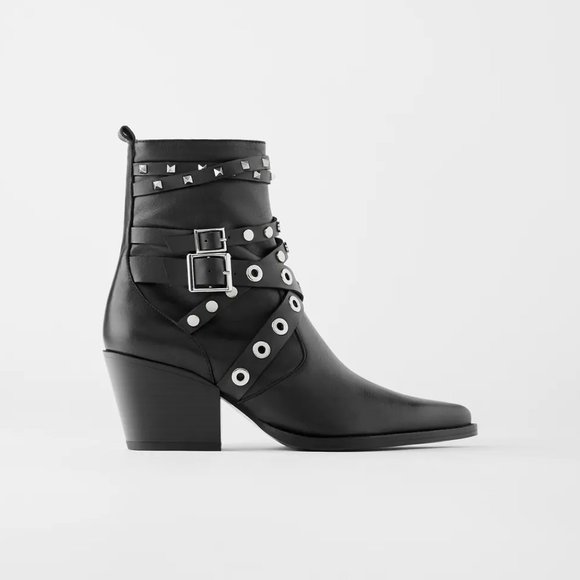 NWT Zara Size Black Studded Leather Heeled Ankle